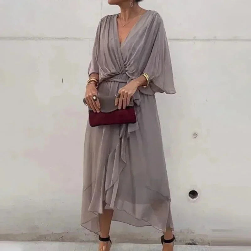 Abito midi donna incrociato con scollo a V e laccio in vita