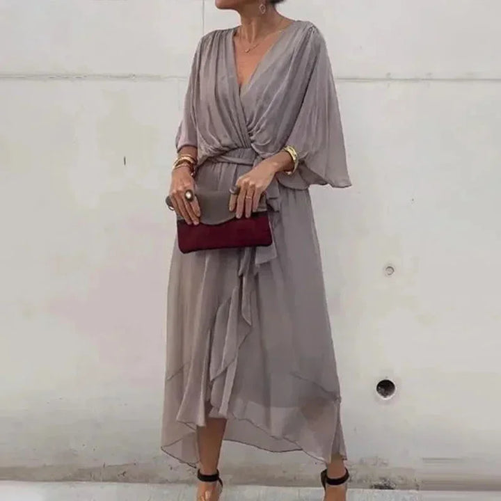 Abito midi donna incrociato con scollo a V e laccio in vita