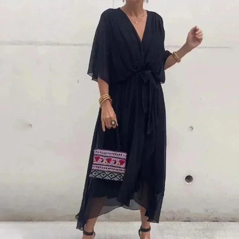 Abito midi donna incrociato con scollo a V e laccio in vita