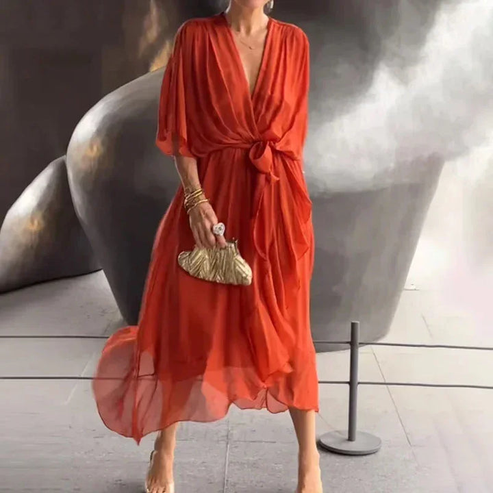 Abito midi donna incrociato con scollo a V e laccio in vita