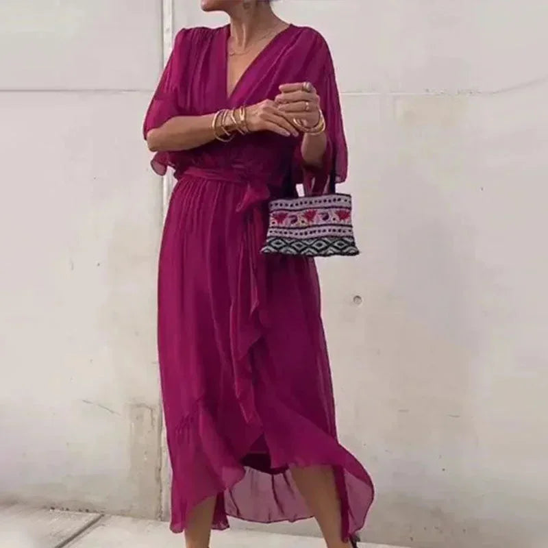 Abito midi donna incrociato con scollo a V e laccio in vita