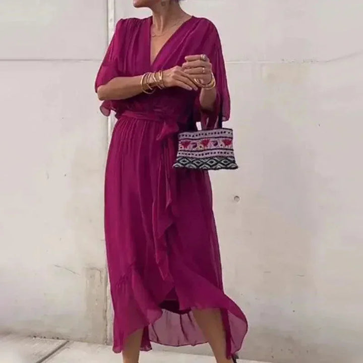 Abito midi donna incrociato con scollo a V e laccio in vita