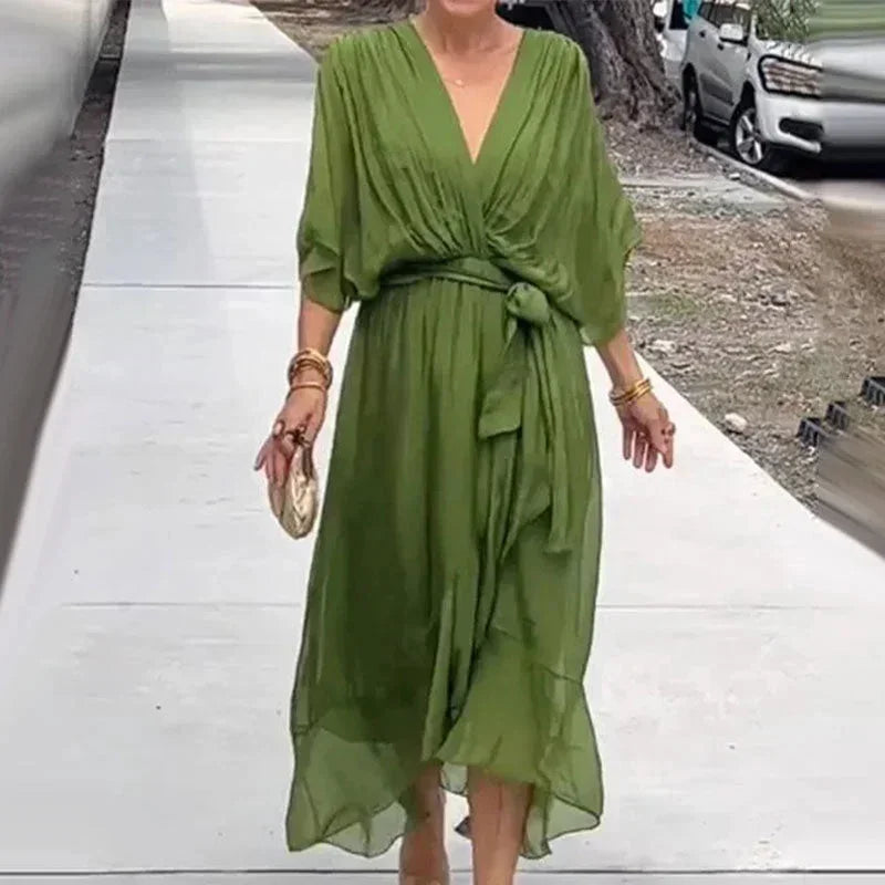 Abito midi donna incrociato con scollo a V e laccio in vita