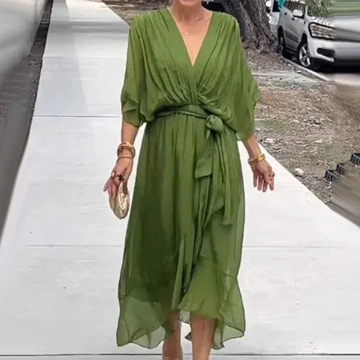 Abito midi donna incrociato con scollo a V e laccio in vita