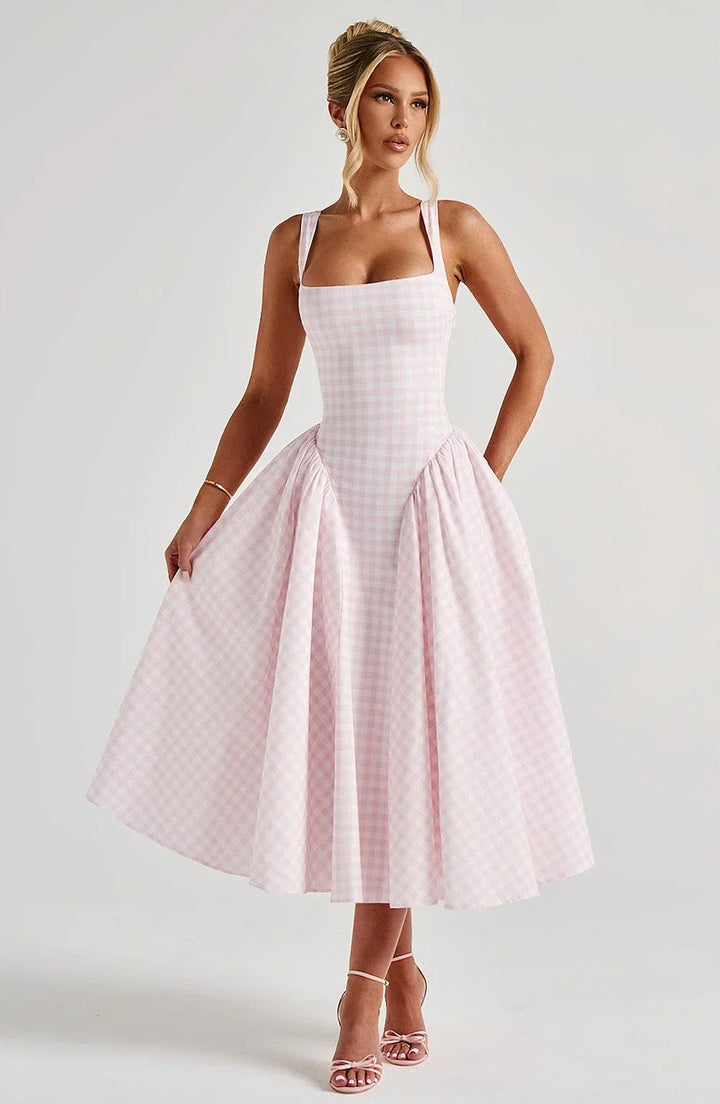 Vestito midi donna svasato a quadri e spalline larghe