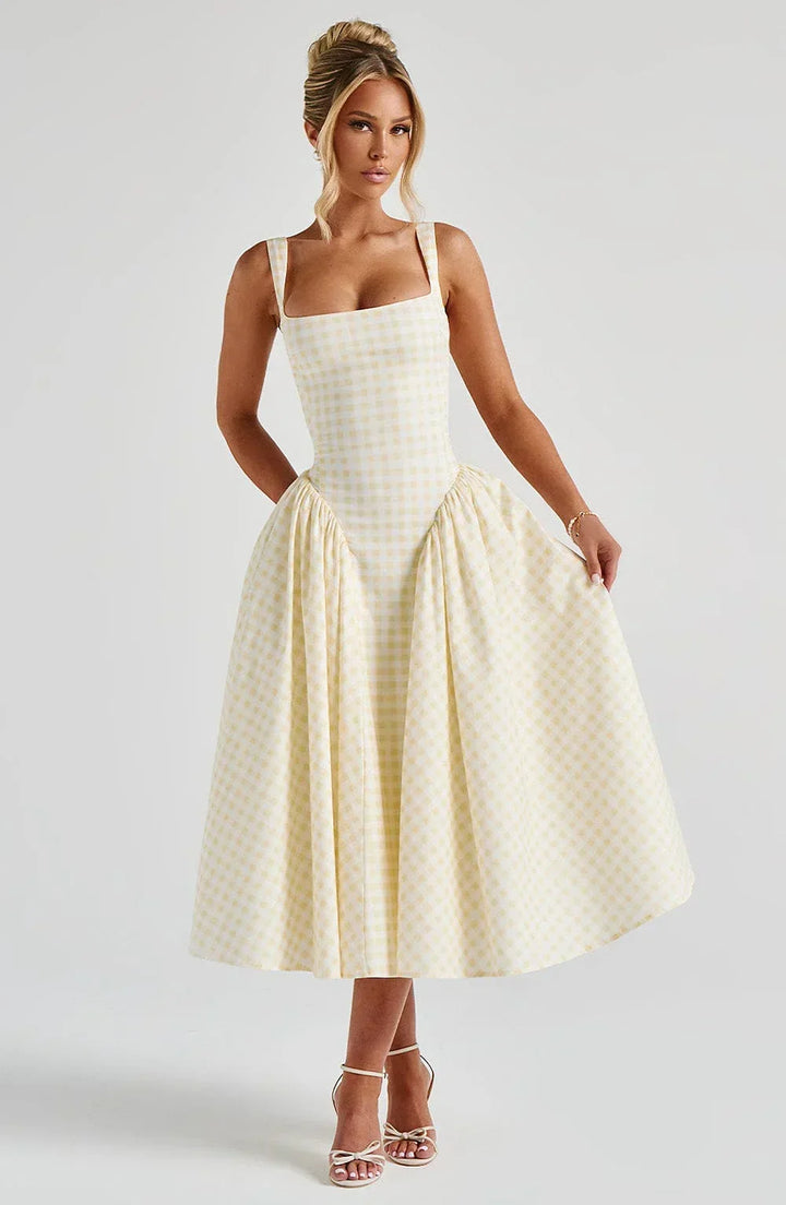 Vestito midi donna svasato a quadri e spalline larghe