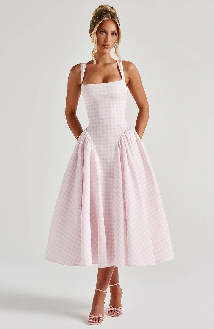 Vestito midi donna svasato a quadri e spalline larghe