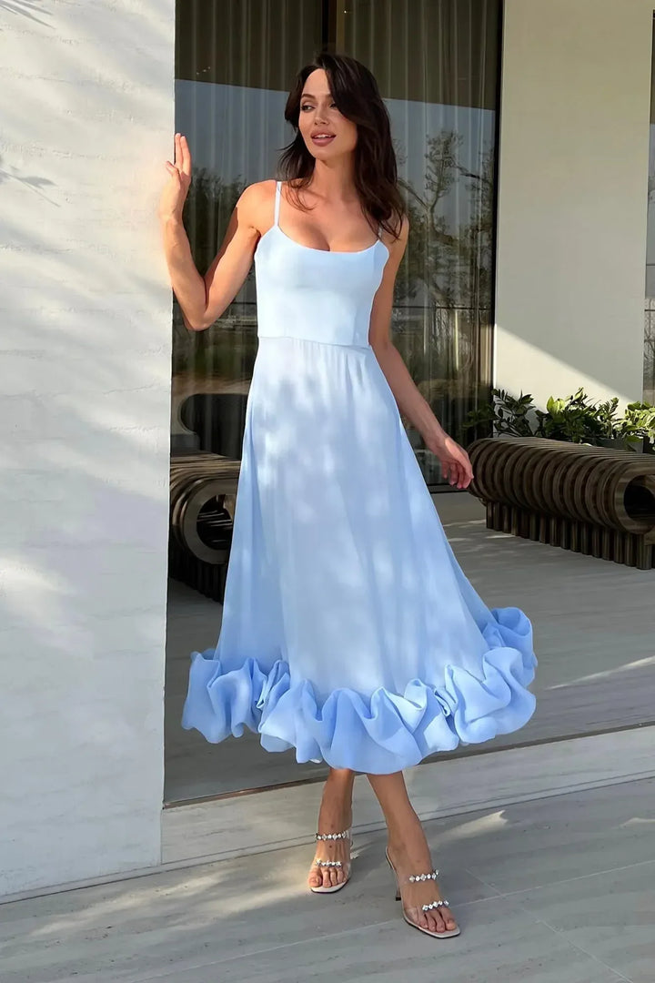 Abito midi donna con volant senza maniche