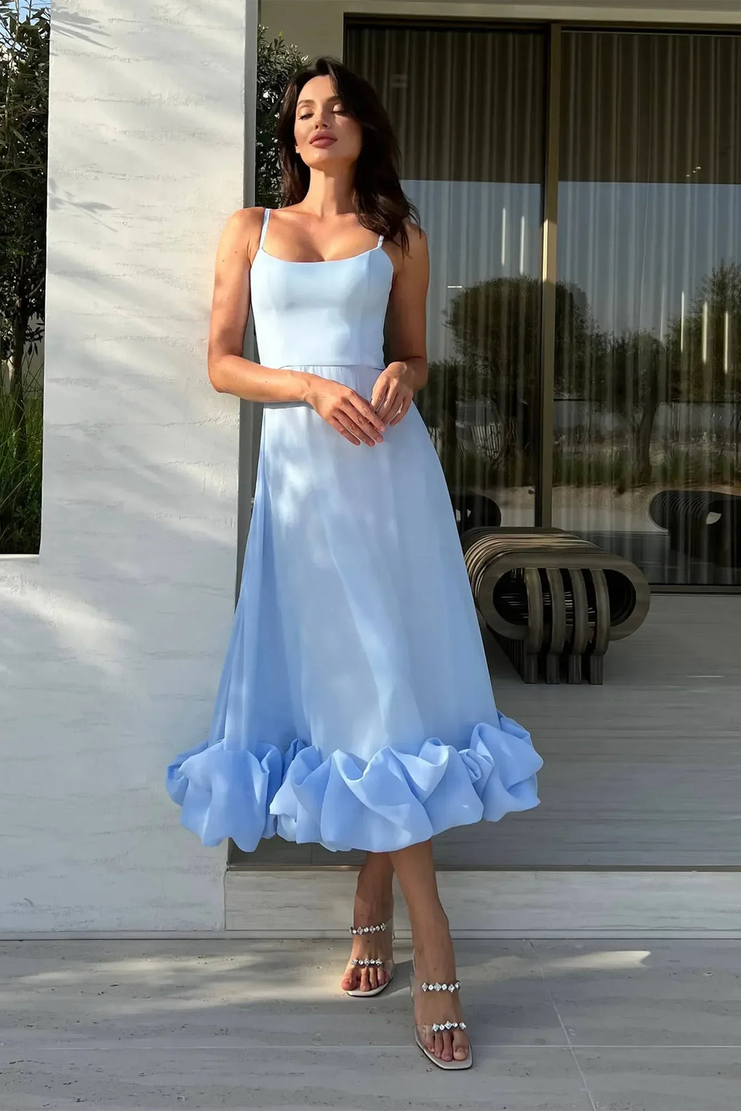 Abito midi donna con volant senza maniche