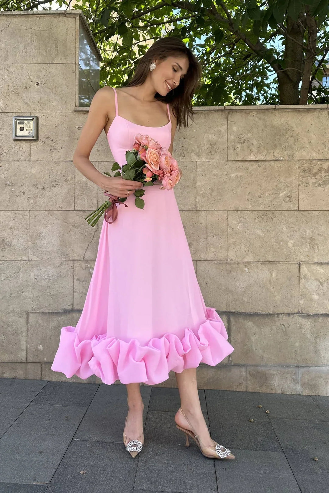 Abito midi donna con volant senza maniche