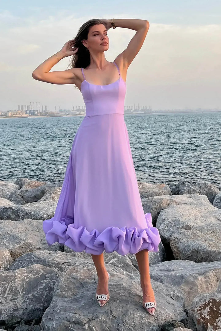 Abito midi donna con volant senza maniche