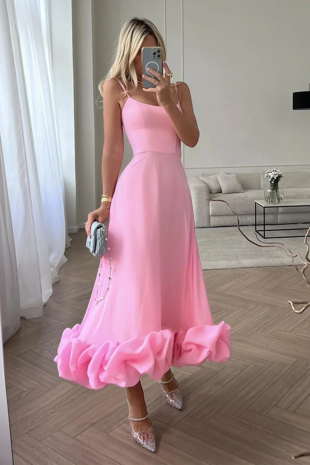 Abito midi donna con volant senza maniche