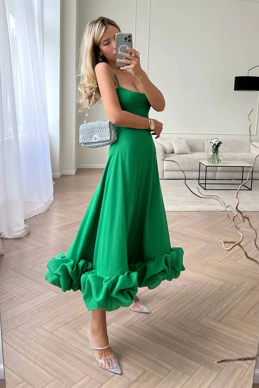Abito midi donna con volant senza maniche