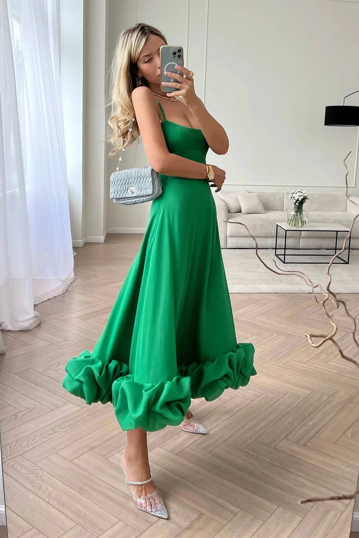 Abito midi donna con volant senza maniche
