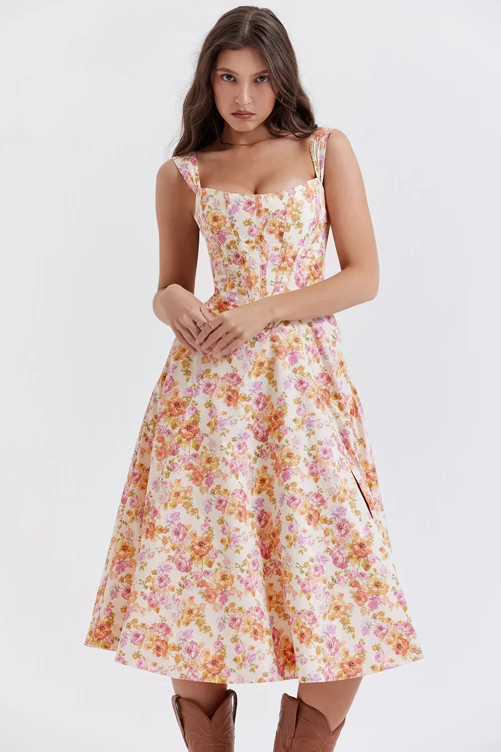 Abito midi donna scollato a motivi floreali con spacco