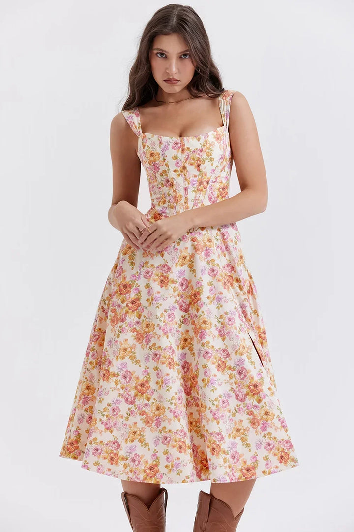 Abito midi donna scollato a motivi floreali con spacco
