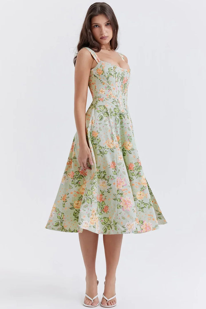 Abito midi donna scollato a motivi floreali con spacco