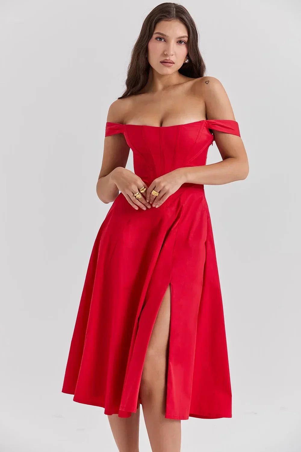 Abito midi donna scollato a motivi floreali con spacco