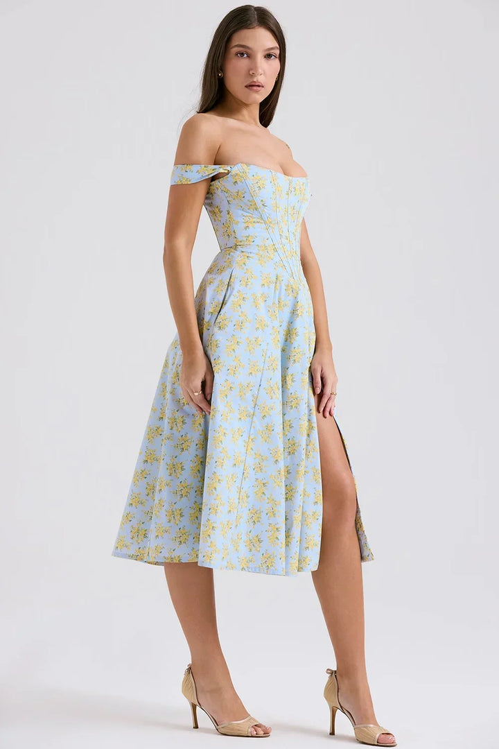 Abito midi donna scollato a motivi floreali con spacco