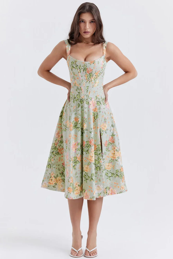 Abito midi donna scollato a motivi floreali con spacco