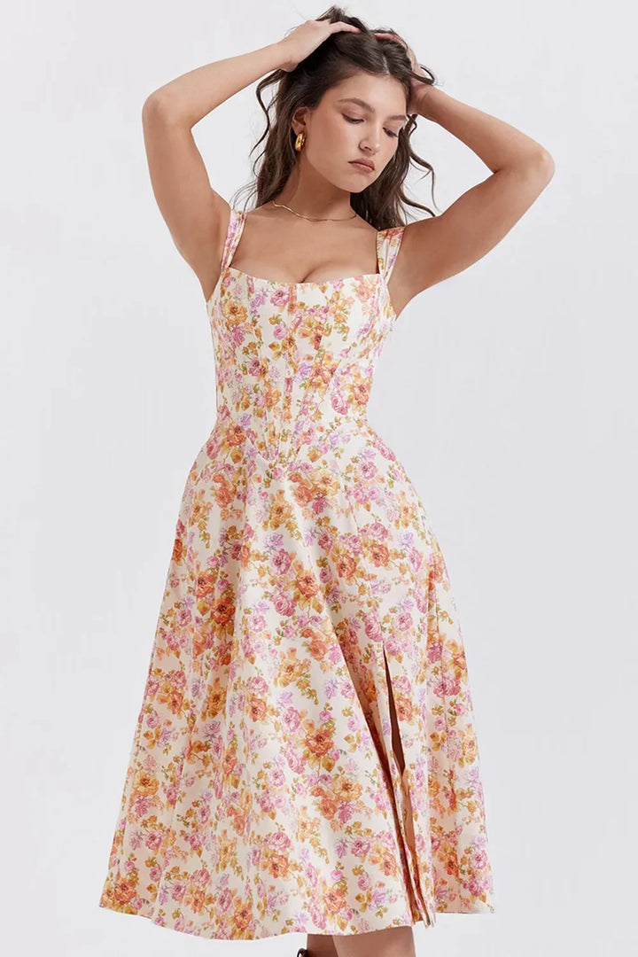 Abito midi donna scollato a motivi floreali con spacco