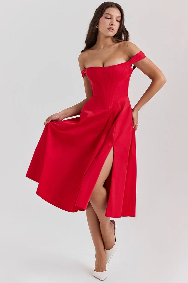 Abito midi donna scollato a motivi floreali con spacco