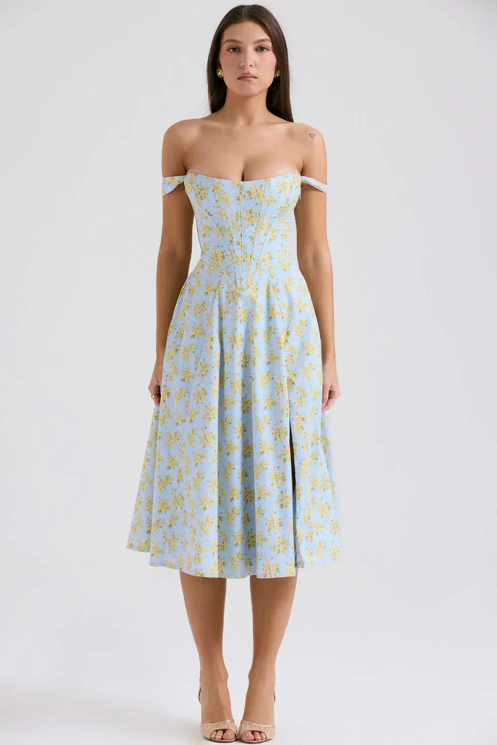 Abito midi donna scollato a motivi floreali con spacco
