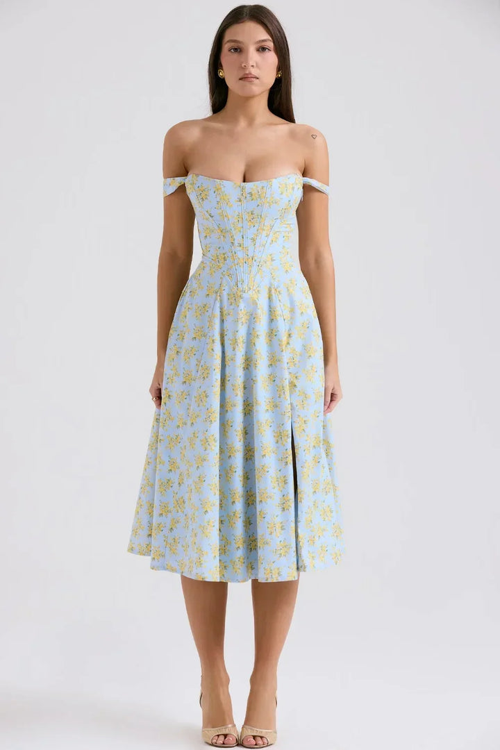 Abito midi donna scollato a motivi floreali con spacco