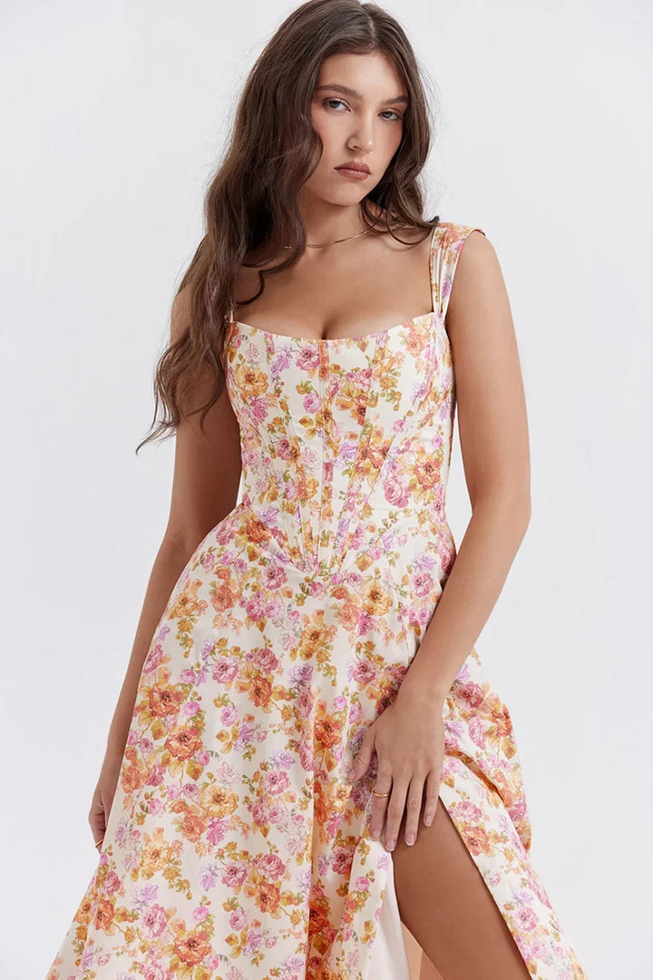 Abito midi donna scollato a motivi floreali con spacco