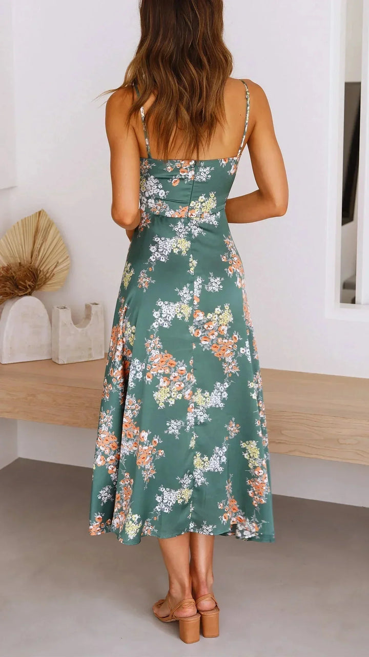Abito midi floreale verde con fiocco e spalline sottili