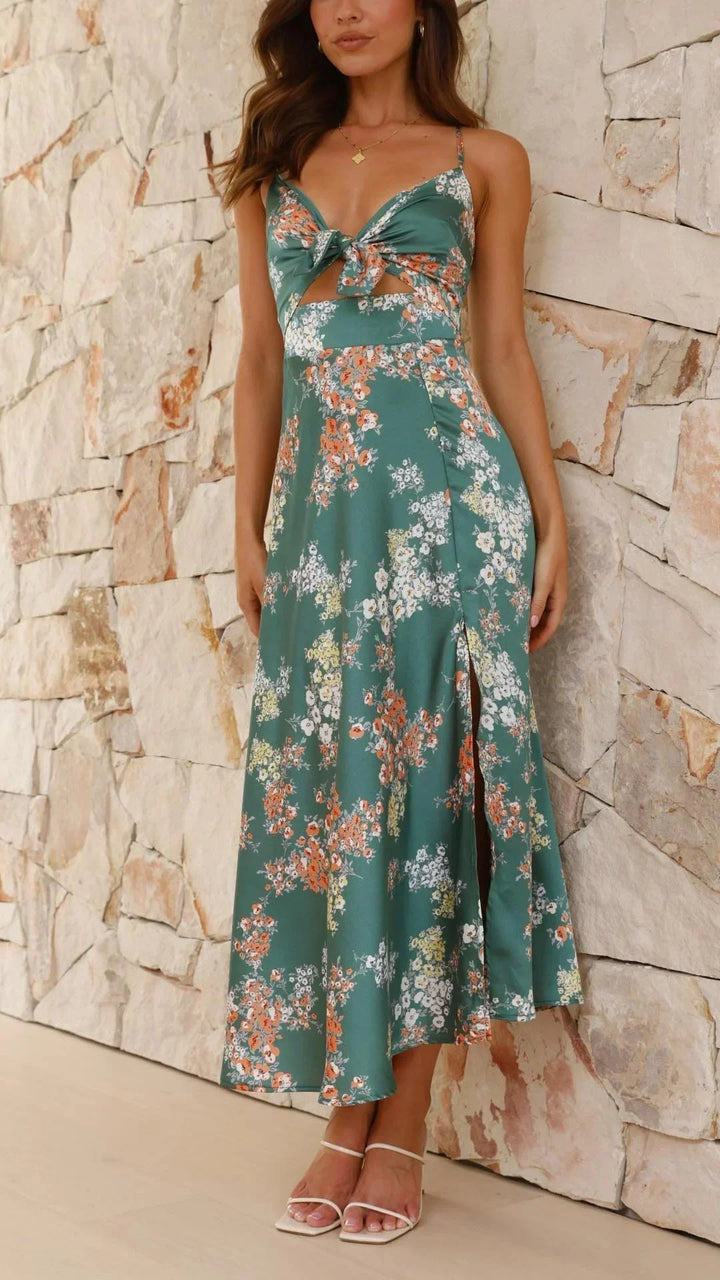 Abito midi floreale verde con fiocco e spalline sottili