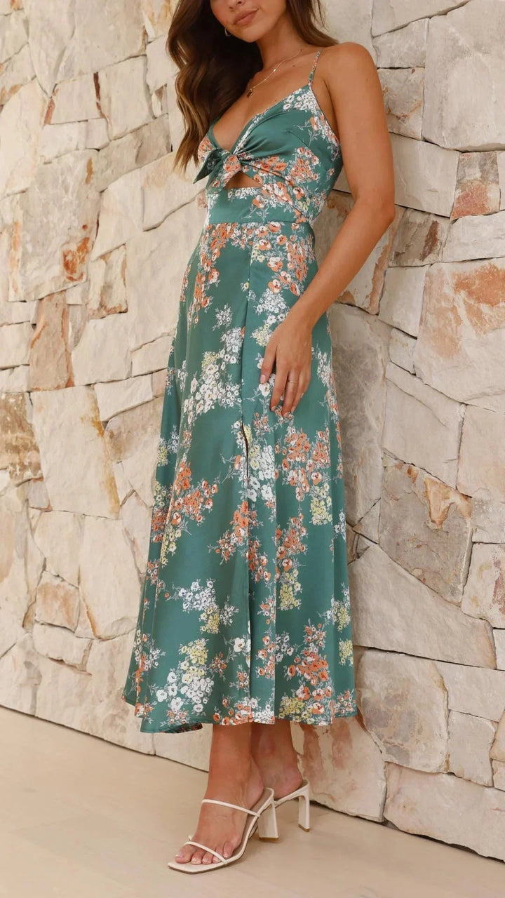 Abito midi floreale verde con fiocco e spalline sottili