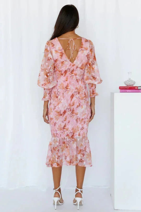 Abito midi donna a stampa floreale maniche lunghe con volant