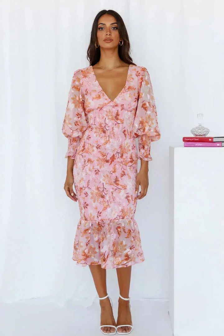 Abito midi donna a stampa floreale maniche lunghe con volant