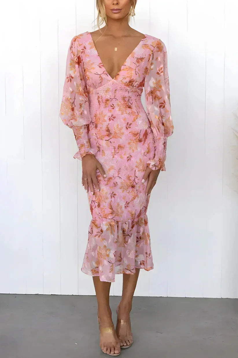 Abito midi donna a stampa floreale maniche lunghe con volant