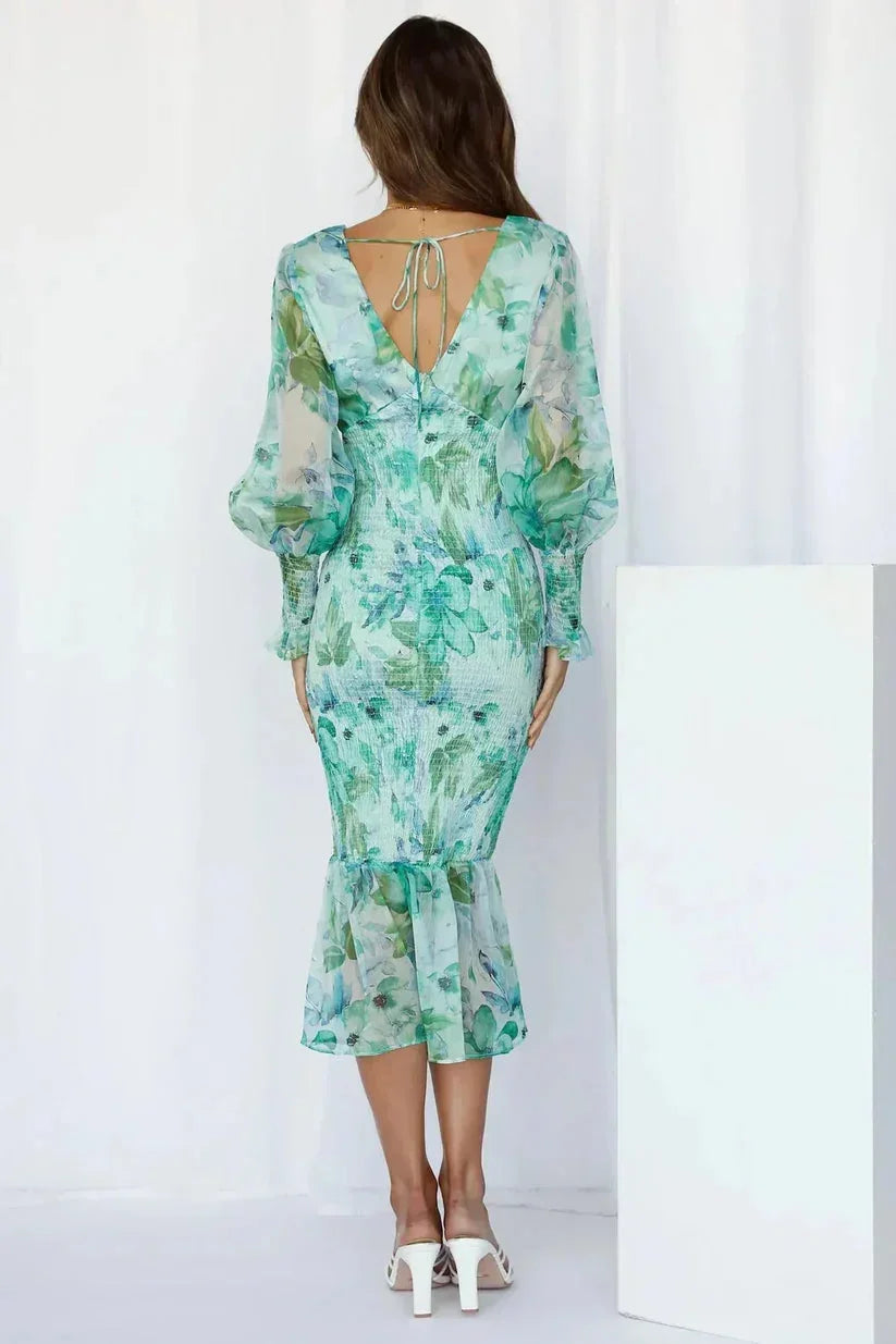 Abito midi donna a stampa floreale maniche lunghe con volant