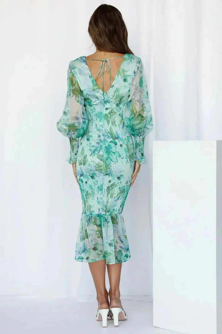 Abito midi donna a stampa floreale maniche lunghe con volant