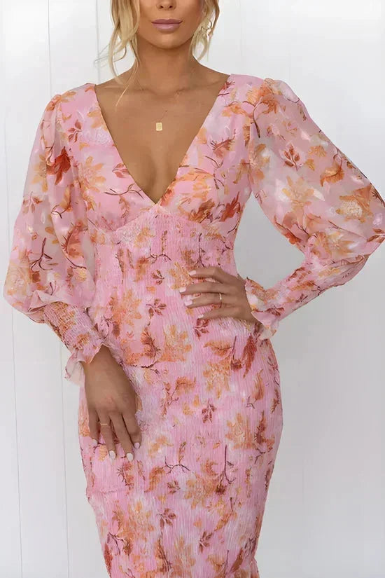 Abito midi donna a stampa floreale maniche lunghe con volant