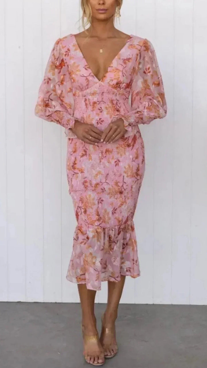 Abito midi donna a stampa floreale maniche lunghe con volant