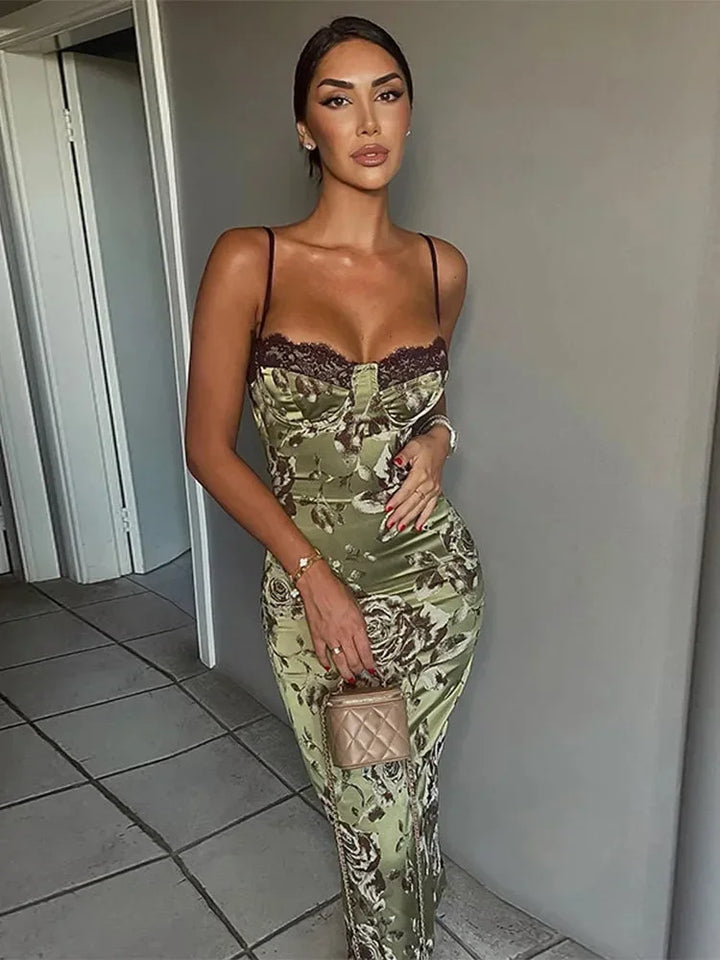 Abito Midi Floreale Satinato con Corsetto Senza Bretelle da Sera Estivo