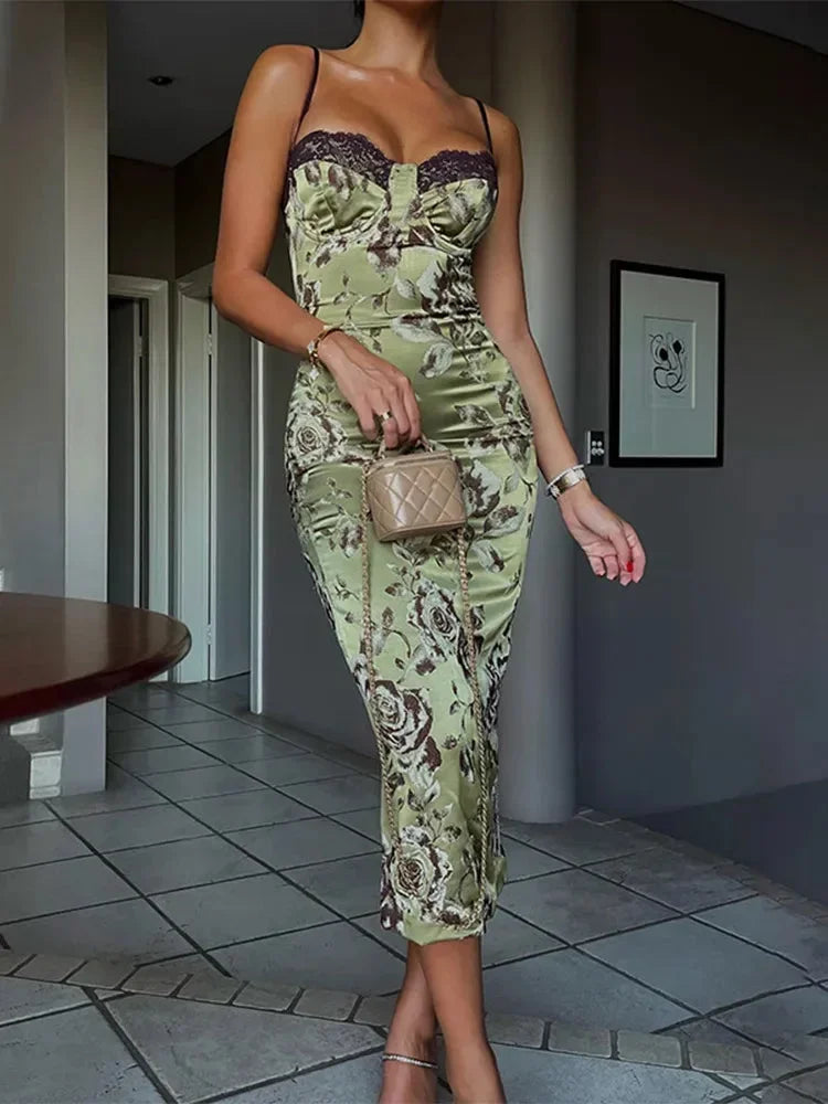 Abito Midi Floreale Satinato con Corsetto Senza Bretelle da Sera Estivo