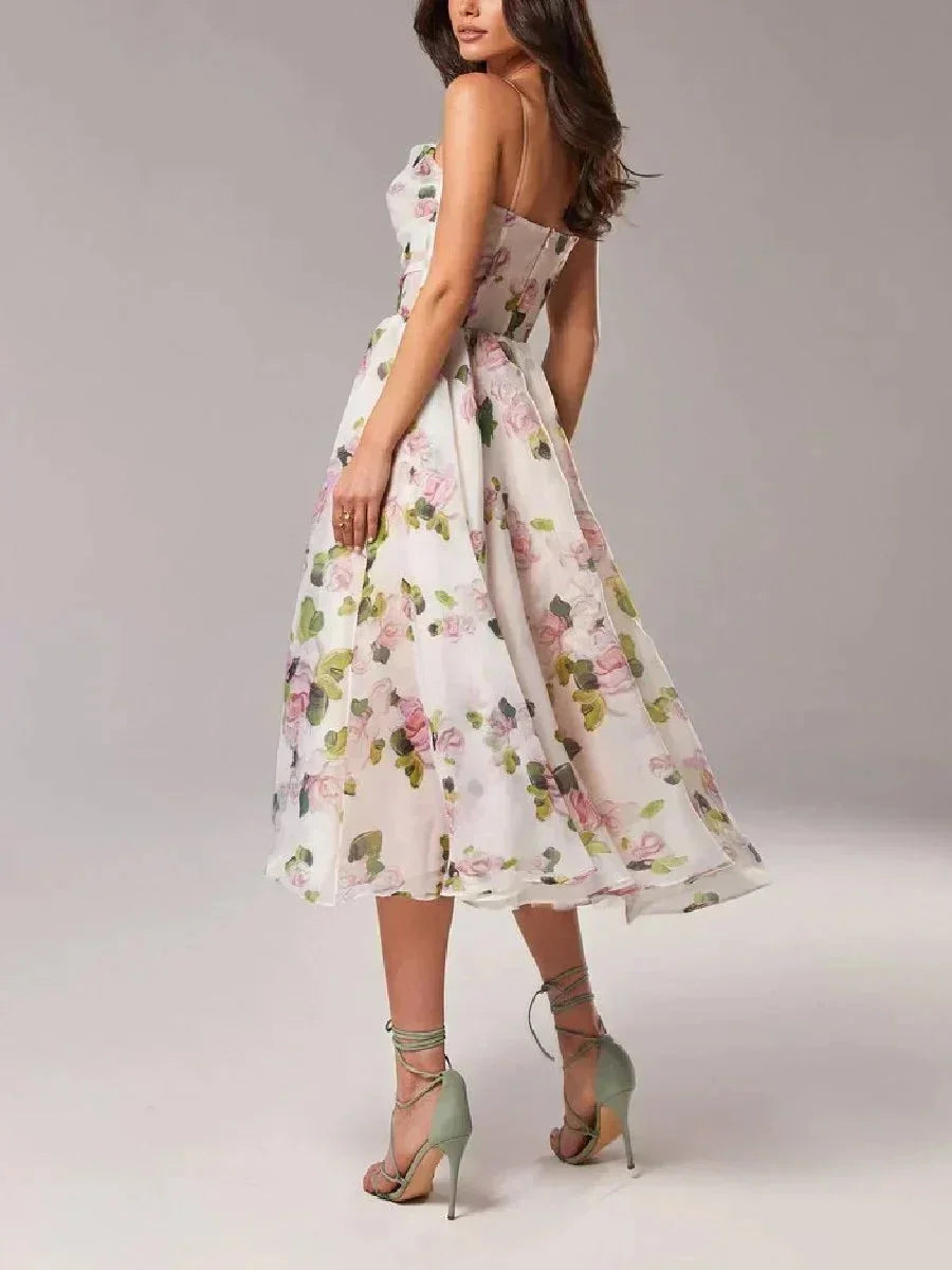 Abito midi donna fluido con stampa floreale e spalline sottili