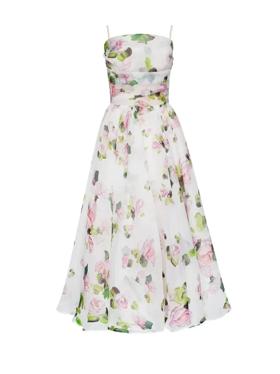 Abito midi donna fluido con stampa floreale e spalline sottili