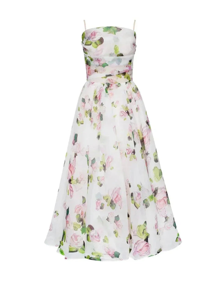 Abito midi donna fluido con stampa floreale e spalline sottili