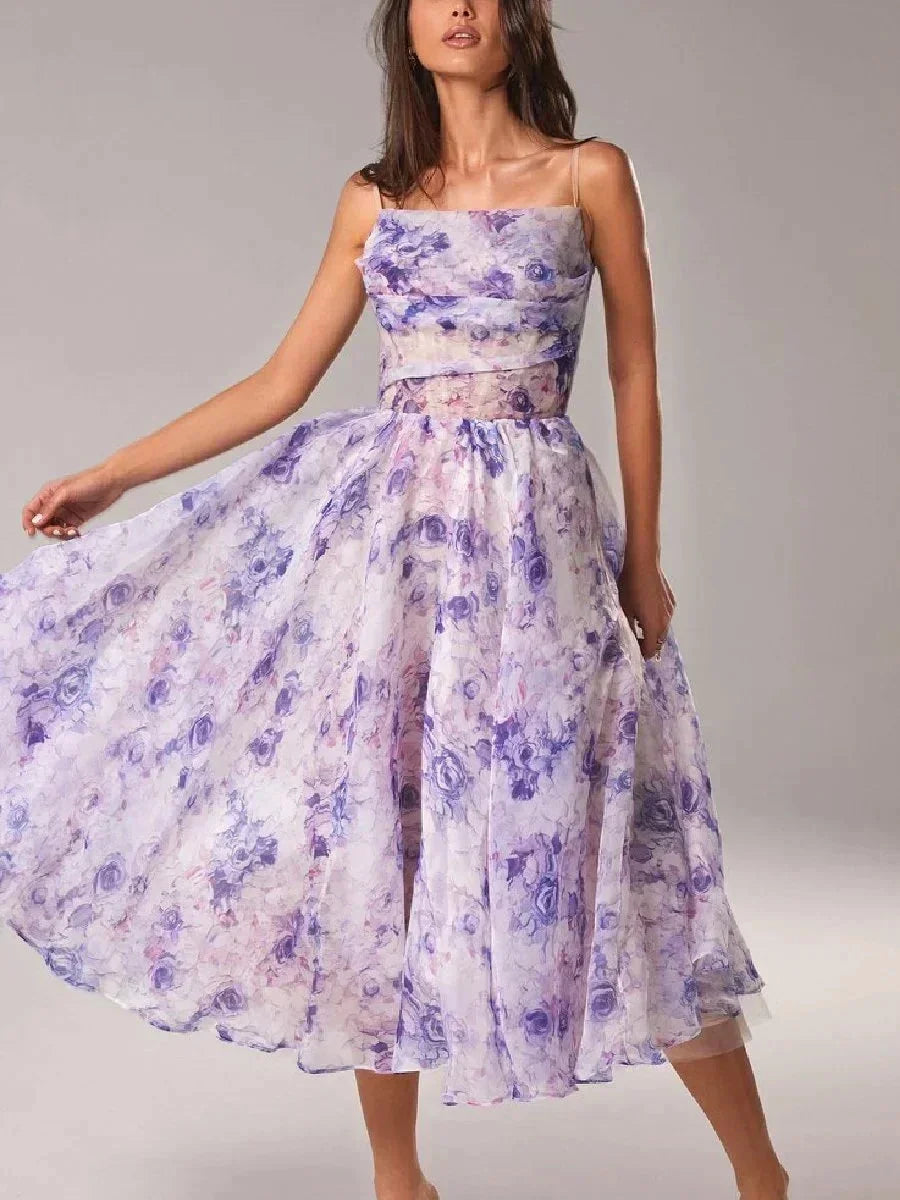 Abito midi donna fluido con stampa floreale e spalline sottili