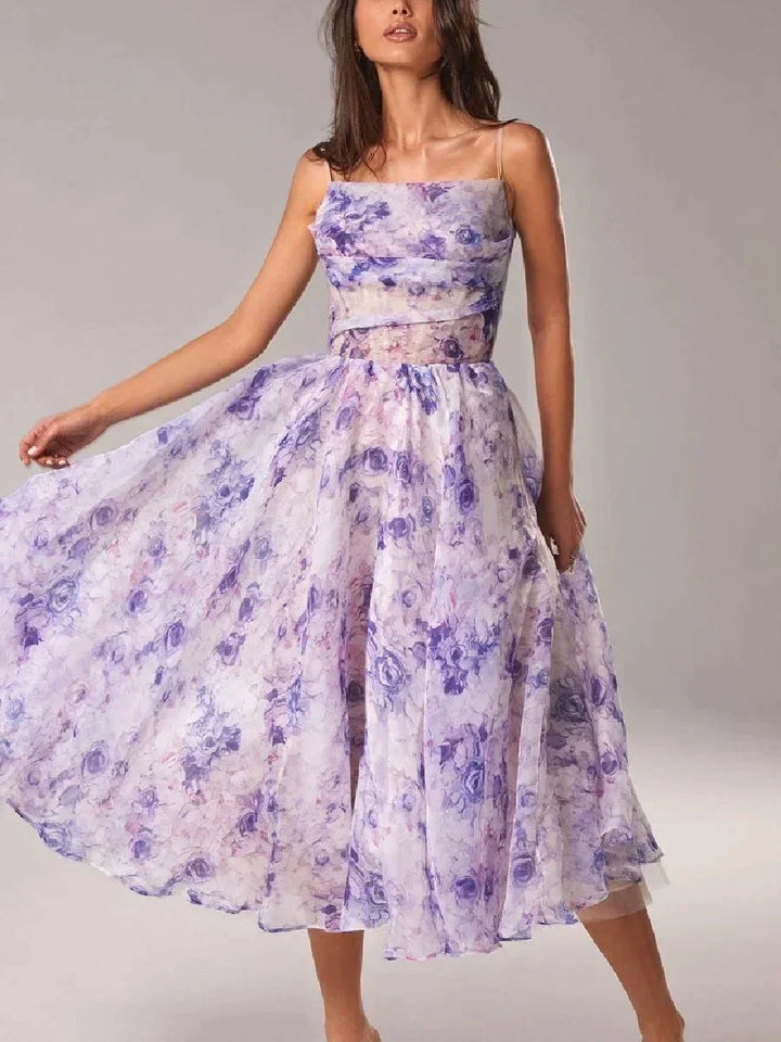 Abito midi donna fluido con stampa floreale e spalline sottili
