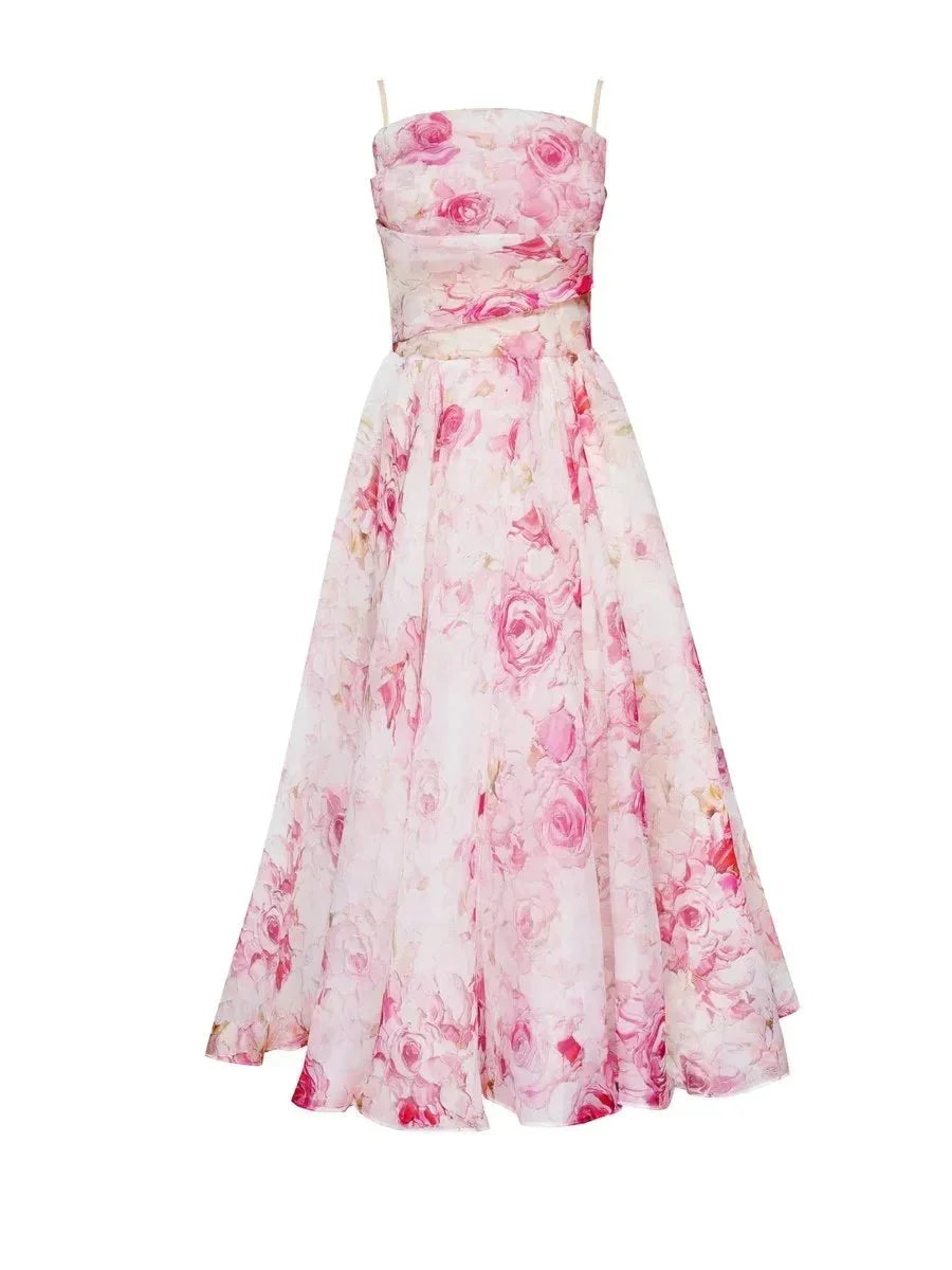 Abito midi donna fluido con stampa floreale e spalline sottili