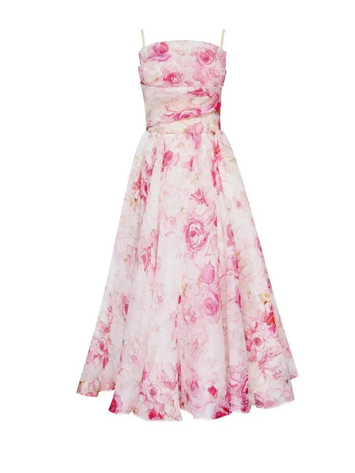 Abito midi donna fluido con stampa floreale e spalline sottili