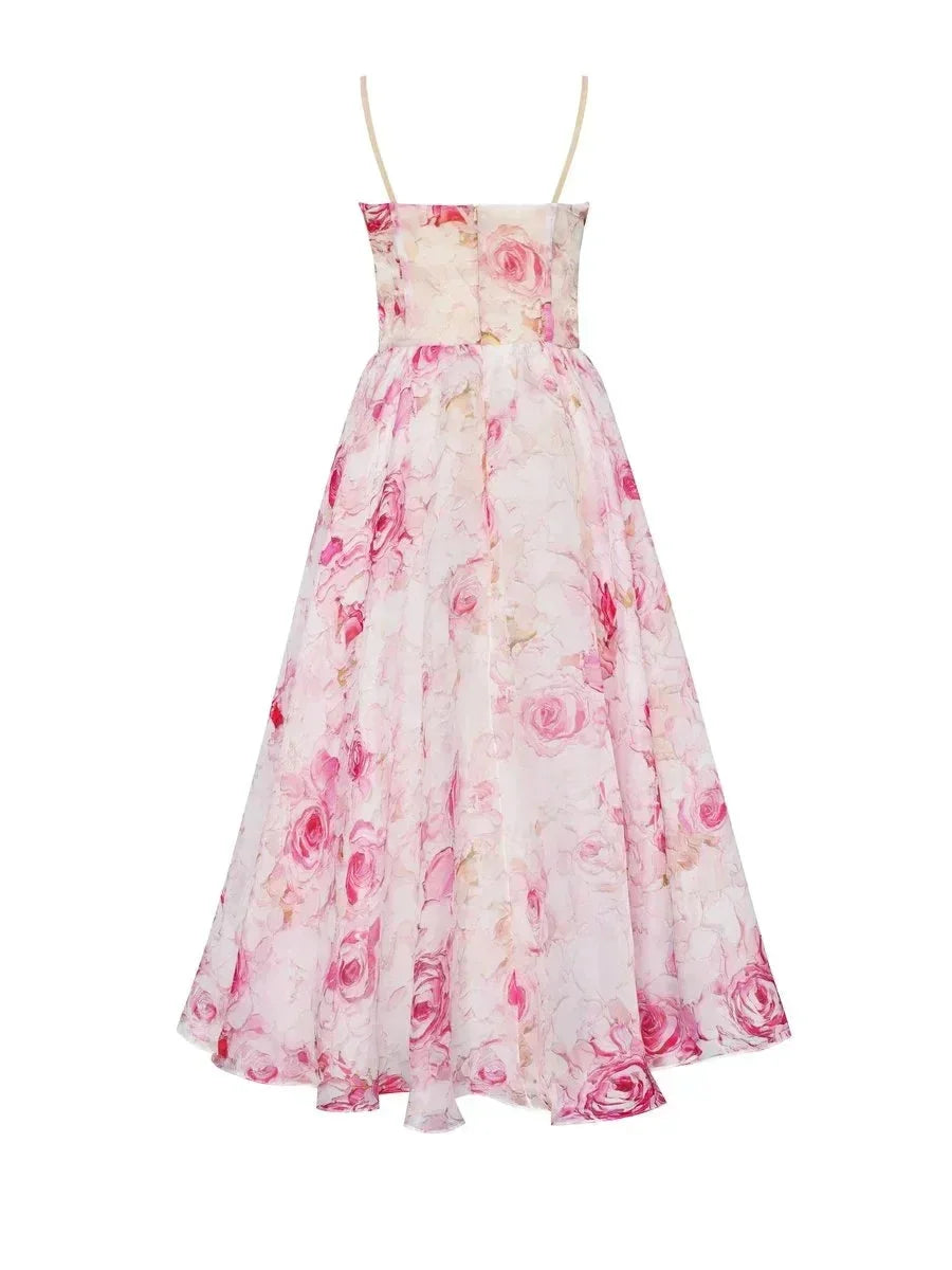 Abito midi donna fluido con stampa floreale e spalline sottili