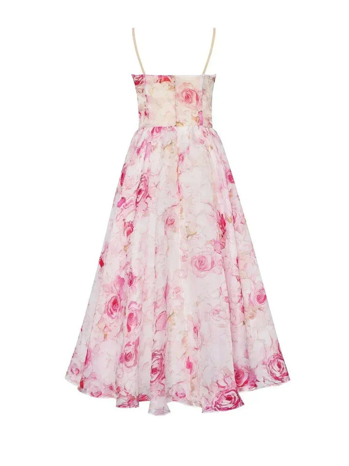 Abito midi donna fluido con stampa floreale e spalline sottili